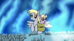 Size: 1920x1080 | Tagged: safe, artist:platinumdrop, derpy hooves, dinky hooves, pegasus, pony, unicorn, g4, aurora borealis, bag, commission, equestria's best mother, female, flying, mother and child, mother and daughter, night, saddle bag