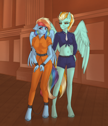 Size: 2400x2800 | Tagged: safe, artist:enderbee, lightning dust, rainbow dash, pegasus, anthro, unguligrade anthro, g4, belly, belly button, clothes, commissioner:rainbowdash69, cuffed, cuffs, duo, duo female, female, high res, jumpsuit, never doubt rainbowdash69's involvement, police officer, prison outfit, prisoner, prisoner rd, suit, wings