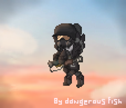 Size: 2052x1746 | Tagged: safe, artist:dangerous fish, oc, oc only, pegasus, pony, ashes town, fallout equestria, pony town, armor, atmosphere, cloud, enclave, enclave armor, female, flying, pegasus oc, pegasus wings, pixel art, reflection, sky, solo, spread wings, weapon, wings
