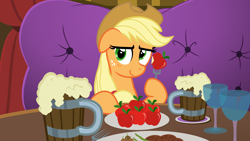 Size: 7282x4096 | Tagged: safe, artist:sollace, derpibooru exclusive, part of a set, applejack, earth pony, pony, series:pov, g4, viva las pegasus, absurd resolution, alcohol, apple, blushing, bronybait, cider, cute, date, dinner, drink, eating, female, floppy ears, food, fork, hat, herbivore, las pegasus, looking at you, offscreen character, pov, restrained, show accurate, vector, wine