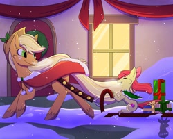 Size: 3500x2800 | Tagged: safe, artist:ohdeerdrawings, apple bloom, applejack, earth pony, pony, g4, apple sisters, cape, christmas, christmas presents, clothes, door, duo, eyes closed, female, filly, foal, high res, holiday, mare, sibling love, siblings, sisterly love, sisters, sled, snow, snowfall, window, wreath