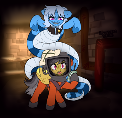 Size: 2228x2160 | Tagged: safe, artist:batavern, daring do, oc, oc:triksa, lamia, original species, pegasus, g4, ambush, behind, bracken, clothes, crossover, hat, high res, implied hugging, lethal company, pipes, scared, smiling, smirk, suit, talking, tunnel, walkie talkie