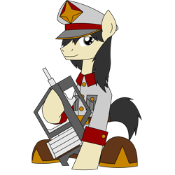 Size: 1600x1600 | Tagged: safe, artist:efpony, oc, oc only, oc:efpony, earth pony, pony, 2024 community collab, derpibooru community collaboration, clothes, male, simple background, sitting, smiling, solo, transparent background, uniform, weapon