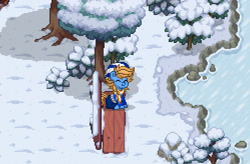 Size: 1499x985 | Tagged: safe, oc, oc only, oc:blue cookie, earth pony, pony, pony town, bench, clothes, earth pony oc, eyes closed, hat, ice, photo, pixel art, smiling, snow, solo, tree, winter outfit