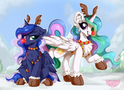 Size: 2304x1677 | Tagged: safe, artist:woonborg, princess celestia, princess luna, alicorn, pony, g4, antlers, chest fluff, christmas, clothes, concave belly, cute, cutelestia, daaaaaaaaaaaw, duo, duo female, ear fluff, female, folded wings, frown, grumpy, happy, holiday, hoof shoes, horn, large wings, luna is not amused, lunabetes, open mouth, open smile, raised hoof, reindeer antlers, royal sisters, rudolph nose, shoes, siblings, sisters, smiling, snow, unamused, wing fluff, wings, winter