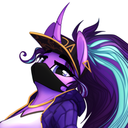 Size: 1300x1300 | Tagged: safe, artist:alrumoon_art, starlight glimmer, unicorn, anthro, collaboration:choose your starlight, g4, akali, baseball cap, bust, cap, clothes, collaboration, ear piercing, face mask, hat, jewelry, k/da, looking at you, mask, necklace, piercing, ponytail, portrait, simple background, solo, transparent background