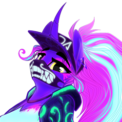 Size: 1300x1300 | Tagged: safe, alternate version, artist:alrumoon_art, starlight glimmer, unicorn, anthro, collaboration:choose your starlight, g4, akali, baseball cap, bust, cap, clothes, collaboration, ear piercing, face mask, hat, jewelry, k/da, looking at you, mask, necklace, neon, piercing, ponytail, portrait, simple background, solo, transparent background