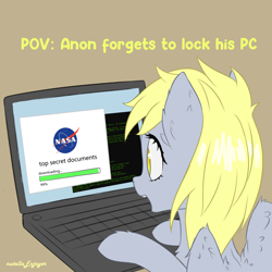 Size: 2000x2000 | Tagged: safe, artist:nutellaenjoyer, derpy hooves, pegasus, pony, g4, computer, espionage, hacking, happy, high res, laptop computer, looking at something, nasa, open mouth, partially open wings, solo, watermark, wings