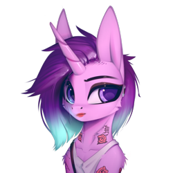 Size: 2398x2398 | Tagged: safe, artist:justafallingstar, starlight glimmer, unicorn, semi-anthro, collaboration:choose your starlight, g4, bust, clothes, collaboration, collarbone, cyberpunk 2077, female, high res, judy alvarez, lipstick, looking at you, mare, ponified, portrait, simple background, solo, sternocleidomastoid, tattoo, transparent background