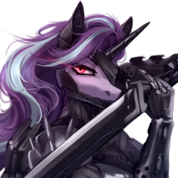 Size: 2000x2000 | Tagged: safe, artist:sparkling_light, starlight glimmer, cyborg, unicorn, anthro, collaboration:choose your starlight, g4, bust, collaboration, glowing, glowing eyes, high res, knife, metal gear, metal gear rising, portrait, simple background, solo, transparent background