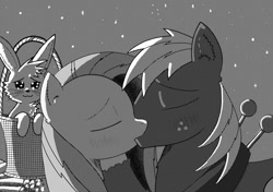 Size: 1024x720 | Tagged: safe, artist:konfettimayhem, angel bunny, big macintosh, fluttershy, earth pony, pegasus, pony, rabbit, g4, animal, basket, black and white, blushing, eyes closed, female, freckles, grayscale, kiss on the lips, kissing, male, mare, monochrome, night, ship:fluttermac, shipping, smiling, stallion, stars, straight