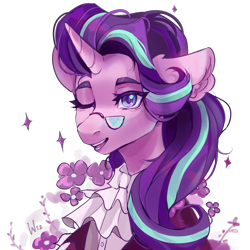 Size: 4000x4000 | Tagged: safe, artist:wiz, snowfall frost, starlight glimmer, unicorn, collaboration:choose your starlight, g4, bust, clothes, collaboration, female, glasses, mare, one eye closed, portrait, simple background, solo, transparent background