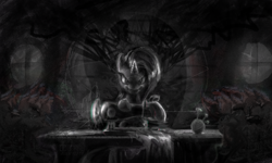 Size: 3690x2207 | Tagged: safe, artist:ciborgen, rarity, pony, unicorn, g4, alan wake, alan wake 2, black and white, film grain, grayscale, high res, looking at you, monochrome, narrowed eyes, sewing machine, solo