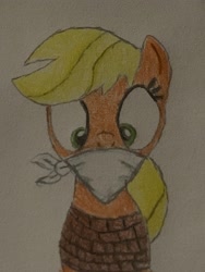 Size: 4032x3024 | Tagged: safe, applejack, earth pony, pony, g4, bondage, bound and gagged, cloth gag, damsel in distress, female, gag, hatless, kidnapped, mare, missing accessory, solo, tied up, traditional art