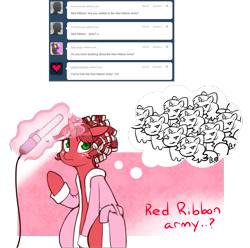 Size: 1280x1272 | Tagged: safe, artist:redintravenous, oc, oc:red ribbon, pony, unicorn, ask red ribbon, alternate hairstyle, female, hair curlers, magic, mare, solo, thought bubble
