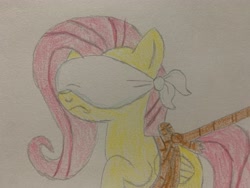 Size: 4032x3024 | Tagged: safe, fluttershy, pegasus, pony, g4, blindfold, bondage, bound wings, damsel in distress, kidnapped, rope, rope bondage, solo, tied up, traditional art, wings