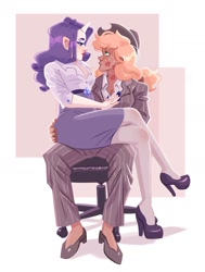 Size: 1077x1423 | Tagged: safe, artist:irisikiki, applejack, rarity, human, g4, alternate hairstyle, applejack's hat, bedroom eyes, belt, chair, clothes, cowboy hat, dark skin, duo, eyeshadow, female, freckles, hat, high heels, horn, horned humanization, humanized, kiss mark, lesbian, lipstick, looking at each other, looking at someone, makeup, nail polish, office chair, pants, ship:rarijack, shipping, shirt, shoes, sitting on lap, skirt, stockings, suit, thigh highs