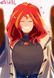 Size: 1400x2000 | Tagged: safe, artist:sozglitch, sunset shimmer, human, g4, big breasts, breasts, busty sunset shimmer, clothes, coat, cute, duffel coat pov meme, eyes closed, floating heart, geode of empathy, grin, heart, huge breasts, humanized, incoming hug, looking at you, magical geodes, meme, offscreen character, pov, shimmerbetes, simple background, smiling, smiling at you, solo, white background