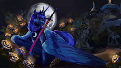 Size: 2560x1440 | Tagged: safe, artist:krapinkaius, princess luna, alicorn, pony, g4, beautiful, blue eyes, blue mane, blue tail, castle, clothes, crown, digital art, ear fluff, feather, female, flower, flowing mane, flowing tail, francisco goya, glowing, horn, jewelry, lidded eyes, mare, moon, night, peytral, regalia, rose, smiling, spanish, spread wings, statue, sword, tail, the sleep of reason produces monsters, translated in the comments, walking, weapon, wings