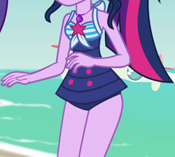 Size: 1206x1080 | Tagged: safe, screencap, sci-twi, twilight sparkle, equestria girls, equestria girls series, forgotten friendship, g4, clothes, drone, legs together, ocean, one-piece swimsuit, sci-twi swimsuit, swimsuit, water