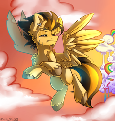 Size: 1800x1900 | Tagged: safe, artist:yuris, oc, oc only, pegasus, pony, cloud, cloudsdale, ears up, flying, male, sky, solo, trade