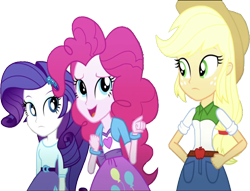 Size: 3292x2520 | Tagged: safe, edit, edited screencap, editor:homersimpson1983, screencap, applejack, pinkie pie, rarity, human, equestria girls, g4, applejack's hat, background removed, blouse, breasts, bust, button-up shirt, clothes, cowboy hat, denim skirt, female, finger, fist, freckles, hair, hand on hip, hat, high res, makeup, not a vector, pointing, ponytail, shirt, simple background, skirt, talking, teenager, transparent background, vest