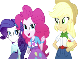 Size: 3292x2520 | Tagged: safe, edit, edited screencap, editor:mrtoonlover83, screencap, applejack, pinkie pie, rarity, human, equestria girls, g4, applejack's hat, background removed, blouse, breasts, bust, button-up shirt, clothes, cowboy hat, denim skirt, female, finger, fist, freckles, hair, hand on hip, hat, high res, makeup, not a vector, pointing, ponytail, shirt, simple background, skirt, talking, teenager, transparent background, vest