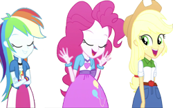 Size: 4012x2520 | Tagged: safe, edit, edited screencap, editor:homersimpson1983, screencap, applejack, pinkie pie, rainbow dash, human, equestria girls, g4, arms, background removed, bracelet, breasts, bust, button-up shirt, clothes, collar, crossed arms, denim skirt, eyes closed, female, fingers, freckles, hair, hand, jewelry, not a vector, open mouth, open smile, ponytail, shirt, simple background, skirt, smiling, t-shirt, teenager, teeth, transparent background, v-neck, vest, wristband