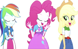 Size: 4012x2520 | Tagged: safe, edit, edited screencap, editor:mrtoonlover83, screencap, applejack, pinkie pie, rainbow dash, human, equestria girls, g4, arms, background removed, bracelet, breasts, bust, button-up shirt, clothes, collar, crossed arms, denim skirt, eyes closed, female, fingers, freckles, hair, hand, jewelry, not a vector, open mouth, open smile, ponytail, shirt, simple background, skirt, smiling, t-shirt, teenager, teeth, transparent background, v-neck, vest, wristband