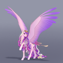 Size: 2048x2048 | Tagged: safe, artist:eljesala, princess cadance, pegasus, pony, g4, colored wings, crown, curly mane, curly tail, feathered fetlocks, female, gradient background, gradient wings, high res, jewelry, large wings, long legs, long mane, long tail, looking at you, mare, multicolored wings, necklace, pegasus cadance, race swap, raised hoof, regalia, signature, smiling, smiling at you, solo, spread wings, tail, wings