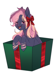 Size: 1594x2080 | Tagged: safe, artist:ruru_01, oc, oc only, pegasus, pony, blushing, bow, box, christmas, christmas presents, cute, folded wings, hair bow, holiday, looking at you, pony in a box, present, simple background, smiling, smiling at you, solo, white background, wings