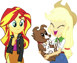 Size: 3093x2520 | Tagged: safe, edit, edited screencap, editor:homersimpson1983, screencap, applejack, sunset shimmer, winona, dog, human, equestria girls, g4, my little pony equestria girls: summertime shorts, pet project, background removed, belt, breasts, bust, button-up shirt, carrying, clothes, cowboy hat, denim skirt, eyes closed, female, freckles, hair, hand on chest, hat, high res, holding, jacket, laughing, leather, leather jacket, not a vector, open mouth, open smile, pockets, ponytail, shirt, simple background, skirt, smiling, teenager, teeth, top, transparent background