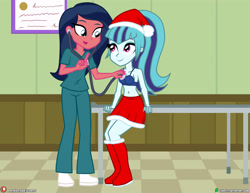 Size: 4000x3090 | Tagged: safe, artist:dieart77, desert sage, sonata dusk, equestria girls, g4, checkup, christmas, clothes, hat, holiday, nurse, santa girl outfit, santa hat, scrubs (gear), stethoscope