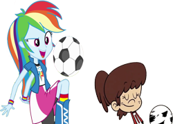 Size: 3493x2520 | Tagged: safe, artist:homersimpson1983, edit, edited screencap, screencap, rainbow dash, human, equestria girls, g4, my little pony equestria girls, background removed, crossover, eyes closed, female, football, high res, lynn loud, nickelodeon, simple background, sports, the loud house, tomboy, transparent background