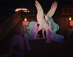 Size: 2800x2199 | Tagged: safe, artist:lesghostie, princess celestia, oc, oc:captain alexander lockeheart, alicorn, kirin, pony, g4, angry, cloven hooves, commission, duo, duo male and female, facial hair, female, glowing, glowing horn, high res, horn, kirin oc, large wings, long feather, long mane, long tail, male, mare, missing accessory, moustache, open mouth, ship, spread wings, tail, unshorn fetlocks, wings