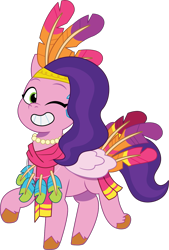 Size: 957x1415 | Tagged: safe, artist:prixy05, pipp petals, pegasus, pony, g5, my little pony: tell your tale, ponykind parade-emonium, spoiler:g5, spoiler:my little pony: tell your tale, spoiler:tyts01e45, adorapipp, clothes, cute, feather, female, headdress, jewelry, mare, necklace, one eye closed, ponykind parade, raised hoof, scarf, simple background, smiling, solo, transparent background, vector