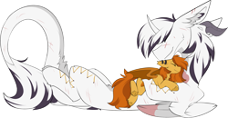 Size: 2597x1351 | Tagged: safe, artist:beardie, oc, oc only, oc:pumpkin spice, oc:yiazmat, bat pony, draconequus, bat pony oc, bat wings, draconequus oc, duo, ear fluff, ear piercing, feathered wings, horn, horns, oc x oc, piercing, shipping, simple background, snuggling, tail, transparent background, wings