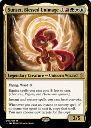 Size: 375x523 | Tagged: safe, artist:rocket-lawnchair, edit, sunset shimmer, pony, unicorn, g4, artificial wings, atg 2020, augmented, ccg, female, flying, halo, magic, magic the gathering, magic wings, mare, newbie artist training grounds, smiling, solo, trading card, trading card edit, trading card game, wings