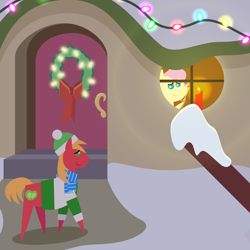 Size: 2160x2160 | Tagged: safe, anonymous artist, big macintosh, fluttershy, earth pony, pegasus, pony, series:fm holidays, series:hearth's warming advent calendar 2023, g4, advent calendar, alternate hairstyle, candle, cap, christmas, christmas lights, christmas wreath, clothes, female, fluttershy's cottage, hat, high res, holiday, hoof hold, lineless, male, mare, night, pointy ponies, scarf, ship:fluttermac, shipping, short mane, smiling, snow, stallion, straight, sweater, window, winter, winter outfit, wreath
