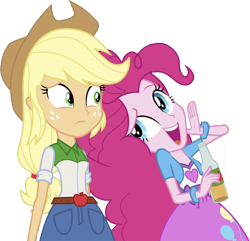 Size: 2613x2520 | Tagged: safe, edit, edited screencap, editor:homersimpson1983, screencap, applejack, pinkie pie, human, equestria girls, g4, apple cider, apple juice, background removed, belt, bracelet, breasts, bust, button-up shirt, clothes, cowboy hat, denim skirt, duo, duo female, eyebrows, female, freckles, hair, hand, hat, head tilt, high res, holding, jewelry, juice, not a vector, open mouth, open smile, ponytail, raised eyebrow, shirt, simple background, skirt, smiling, talking, teenager, teeth, transparent background, vest