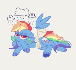 Size: 1920x1764 | Tagged: safe, artist:bishopony, rainbow dash, pegasus, pony, g4, bandage, bandaged wing, cloud, crossed hooves, female, floppy ears, frown, grumpy, lidded eyes, looking at you, lying down, mare, one wing out, prone, rain, scrunchy face, simple background, solo, white background, wings