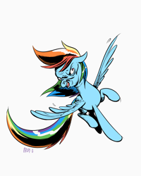 Size: 1638x2048 | Tagged: safe, artist:brdte, rainbow dash, pegasus, pony, g4, faic, female, flying, mare, signature, simple background, solo, spread wings, white background, wings