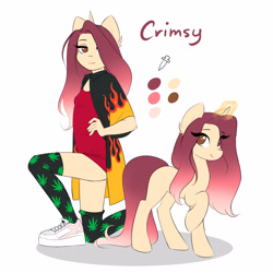 Size: 3544x3543 | Tagged: safe, artist:katputze, oc, oc only, oc:crimson sunset, pony, unicorn, anthro, plantigrade anthro, anthro ponidox, clothes, color palette, dress, duo, eye clipping through hair, eyebrows, eyebrows visible through hair, female, hair over one eye, high res, jacket, kneeling, looking at you, mare, no tail, self ponidox, simple background, smiling, smiling at you, stockings, thigh highs, white background