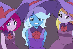 Size: 1280x853 | Tagged: safe, artist:strugetdraw, fuchsia blush, lavender lace, trixie, human, equestria girls, g4, bow, female, gray background, grin, hat, looking at you, purple background, simple background, smiling, trio, trixie and the illusions, witch hat, wrong eye color