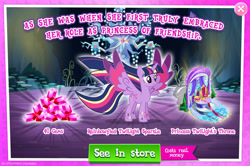 Size: 1960x1300 | Tagged: safe, gameloft, twilight sparkle, alicorn, pony, g4, my little pony: magic princess, official, advertisement, bush, costs real money, english, female, gem, horn, mare, mobile game, numbers, rainbow power, rainbow power-ified, spread wings, text, throne, twilight sparkle (alicorn), wings