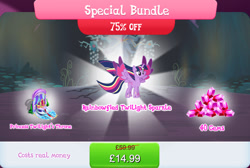 Size: 1268x854 | Tagged: safe, gameloft, twilight sparkle, alicorn, pony, g4, my little pony: magic princess, official, bundle, bush, costs real money, english, female, game screencap, gem, horn, mare, mobile game, numbers, rainbow power, rainbow power-ified, spread wings, text, throne, twilight sparkle (alicorn), wings