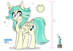 Size: 2847x1999 | Tagged: safe, artist:lustrebeam, oc, oc only, oc:lustrebeam, pegasus, pony, chest fluff, ear fluff, eyelashes, fangs, female, giant pony, giantess, hooves, macro, magenta eyes, mare, reference sheet, simple background, smiling, solo, statue of liberty, teal mane, transparent background, underhoof
