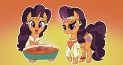 Size: 4096x2160 | Tagged: safe, artist:suryfromheaven, saffron masala, pony, unicorn, g4, curry, cute, female, food, gold, gradient background, happy, herbivore, indian, jewelry, looking at you, mare, neckerchief, solo, tomato