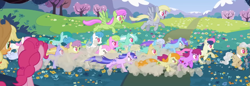 Size: 1347x461 | Tagged: safe, screencap, applejack, ballad, berry punch, berryshine, bon bon, carrot top, daisy, derpy hooves, flower wishes, golden harvest, linked hearts, linky, lyra heartstrings, mayor mare, merry may, orchid dew, pinkie pie, sassaflash, sea swirl, seafoam, shoeshine, smarty pants, sweetie drops, twinkleshine, earth pony, pegasus, pony, unicorn, g4, lesson zero, season 2, animation error, cropped, doll, dust cloud, earth pony twinkleshine, female, flower, flying, galloping, heart, heart eyes, mare, missing horn, multeity, running, toy, tree, unnamed character, unnamed pony, wingding eyes, wingless, wrong hairstyle