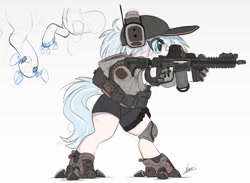 Size: 1200x880 | Tagged: safe, artist:ncmares, oc, oc only, oc:echo (ncmares), earth pony, pony, semi-anthro, aiming, artificial hands, assault rifle, baseball cap, bipedal, boots, cap, clothes, ear protection, earmuffs, female, gun, hat, jacket, mare, rifle, shoes, shorts, simple background, soldier, solo, tactical vest, weapon, white background